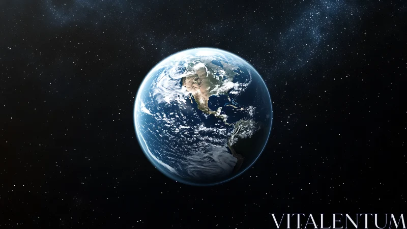 Planet Earth centered in black space with star field background.