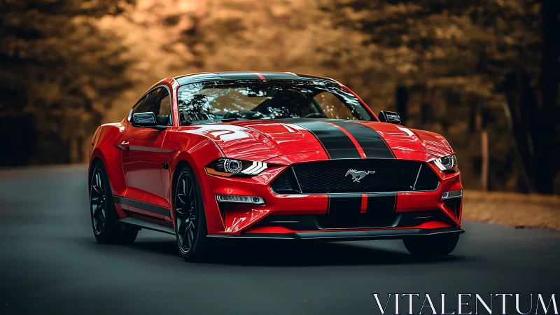 Bold red sports car cruising a forest road in style.