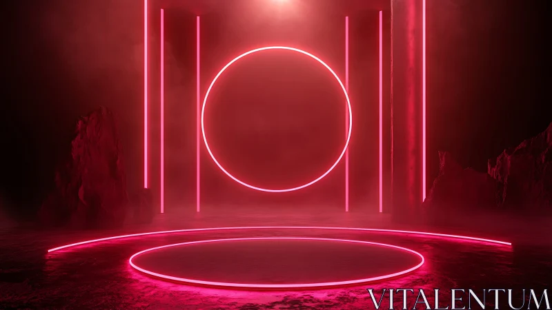 Neon ring portal glows inside misty futuristic chamber.