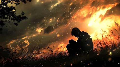 Silhouetted figure under ember sky in glowing dusk field.