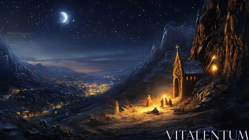 Nighttime mountain valley scene shows small chapel gathering