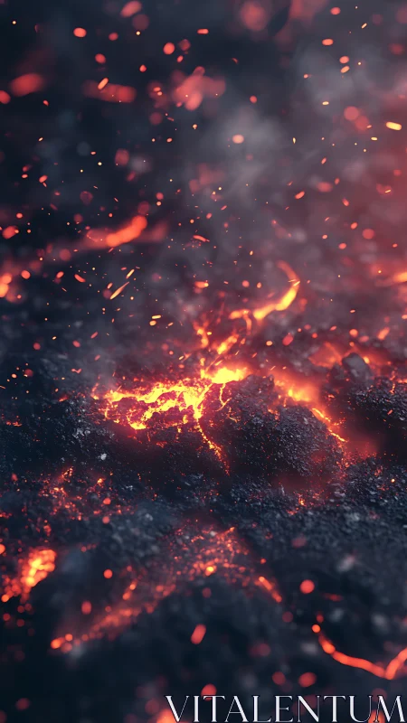 Burning coal and embers with dispersed glowing particles