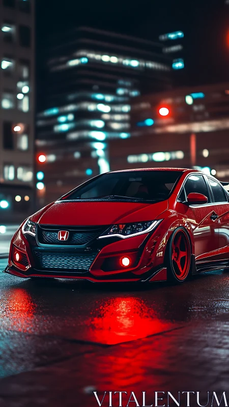 Red tuned Honda glows boldly against the nighttime city lights.