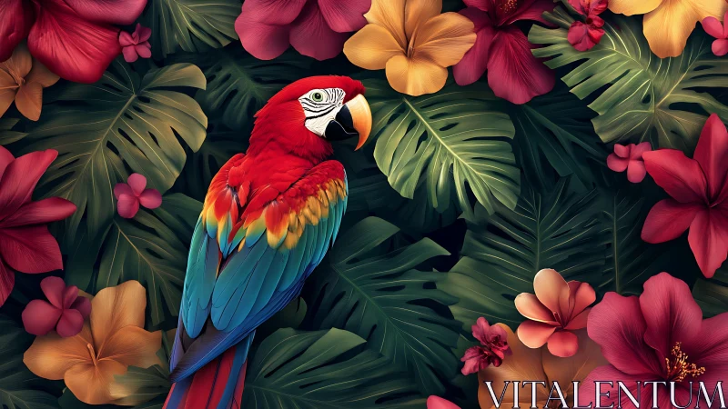 Scarlet macaw rests amid hyperreal tropical foliage