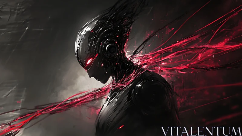 Side-profile cybernetic figure with red energy trails.