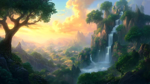 Sunlit fantasy valley with cascading emerald waterfalls.