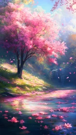 Petal-drifted spring river under a dreambright blossom tree.