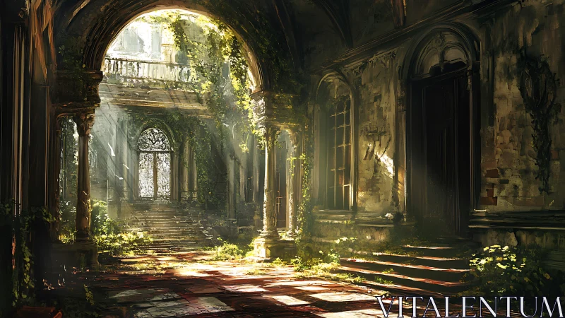 Sunlit overgrown courtyard fills ruined stone arcade.