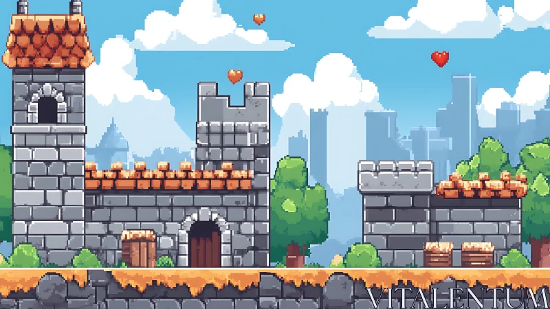 Side-scrolling pixel castle level with trees and heart icons