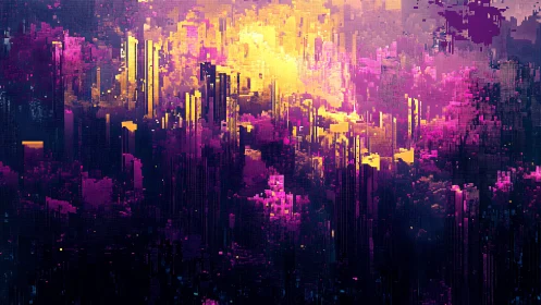 Neon Pixel Skyline Rising Beneath a Glitched Digital Dawn.