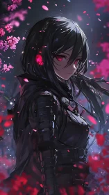 Cybernetic warrior in sakura storm with crimson optics.