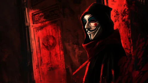 Hooded trickster leans into crimson shadows, plotting quietly