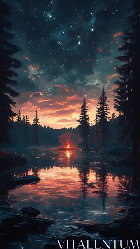 Vertical forest lake scene shows campfire under star field