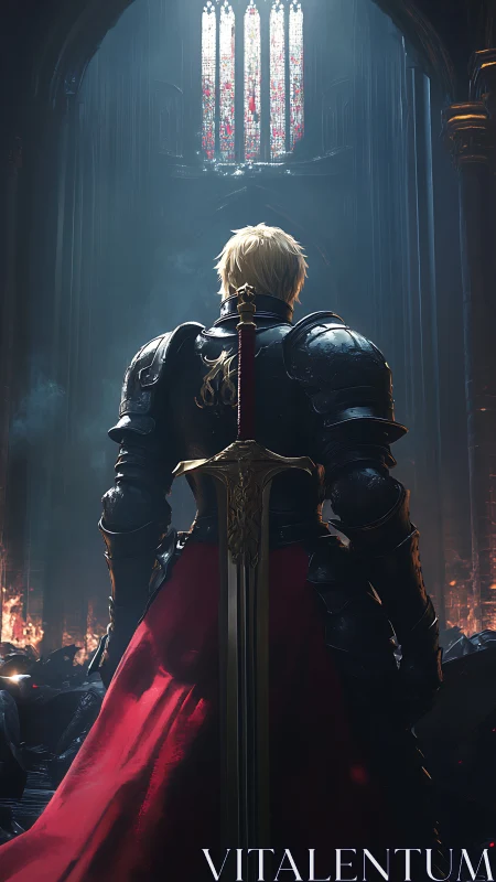 Armored figure with greatsword stands beneath cathedral window