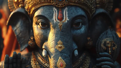 Close frontal view of ornate stone Ganesha sculpture.