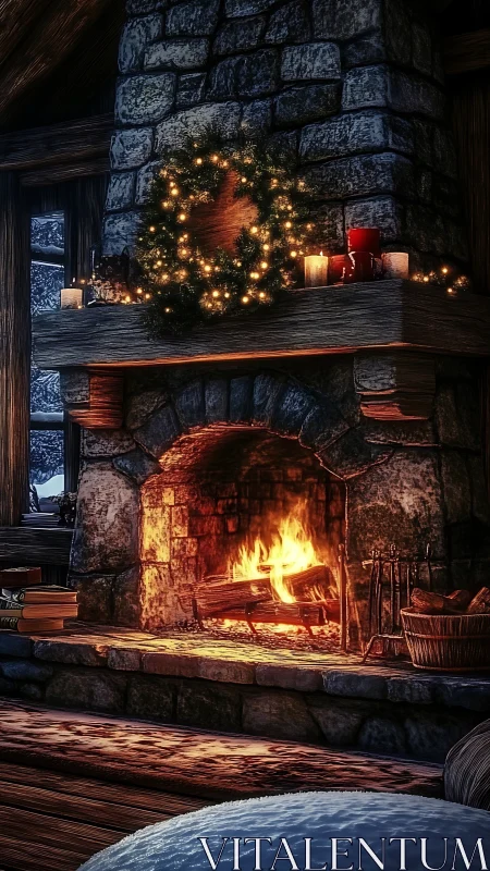 Fireplace glow turns stone cottage hearth into winter theater