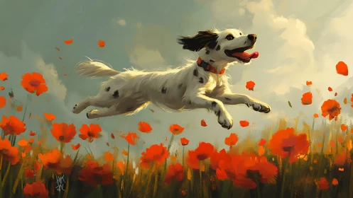 Spotted dog mid-leap above poppy field under daylight.