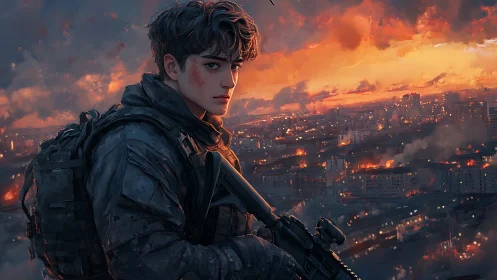 Armed soldier overlooking burning urban landscape at dusk.