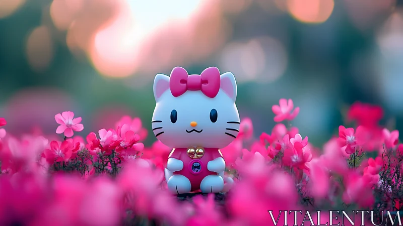 Cartoon cat figurine sits among bright pink flowers outdoors
