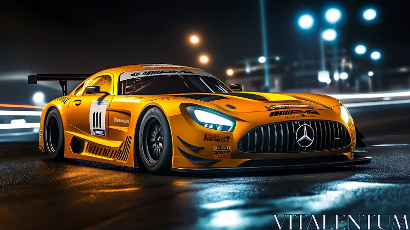 Aerodynamic GT3 race coupe under nocturnal circuit luminance.