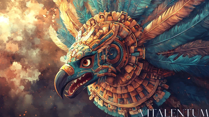 Aztec mechanical bird mask spreads radiant turquoise feathers
