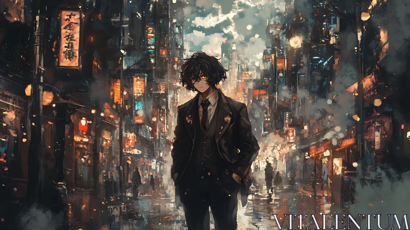 Solitary youth in neon-soaked alleyway at rainy midnight.