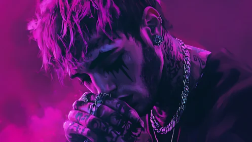 Tattooed man in neon magenta light lowers head in silence