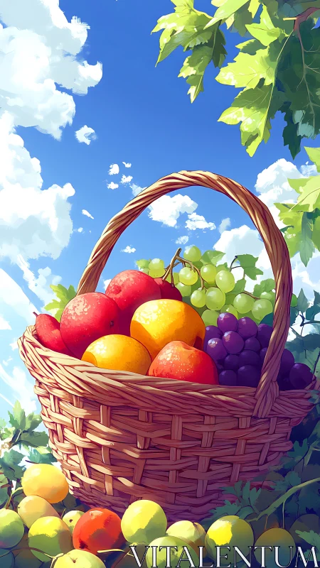 Sunlit wicker basket of mixed summer fruit under vivid sky