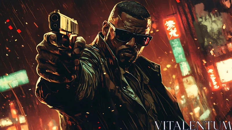 Neon storm enforcer aims down a rain slicked cyber alley.