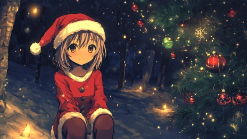 Cozy anime girl sharing a quiet Christmas night by tree.