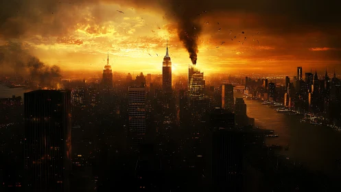 Burning skyscraper dominates sunset over dense river city