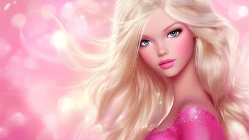 Blonde stylized female portrait on soft pink background.