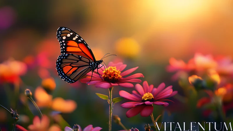 Monarch butterfly on pink flowers in warm sunset light.