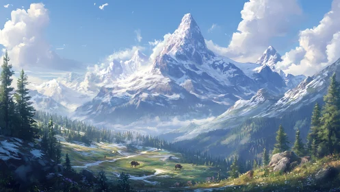 Snow-covered mountain peak dominates a conifer valley landscape