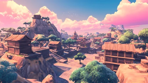 Sunlit timber village drifts under sherbet cotton skies