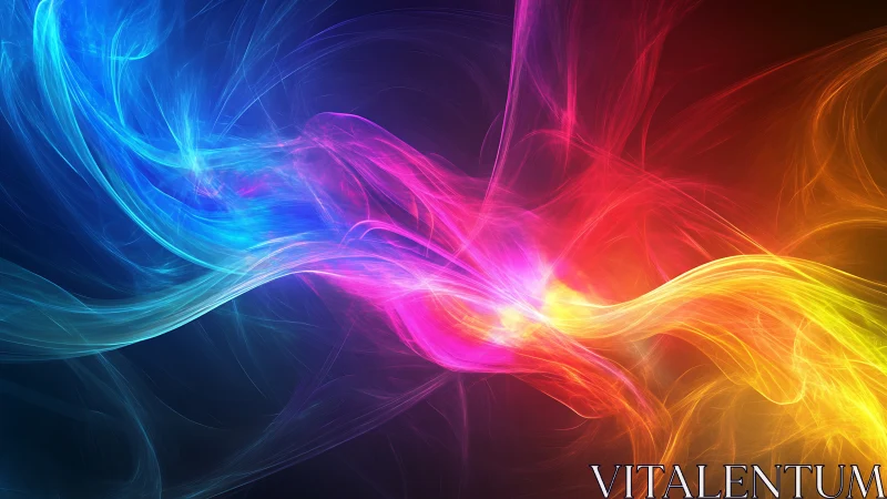 Multicolor flowing light waves on dark abstract background.