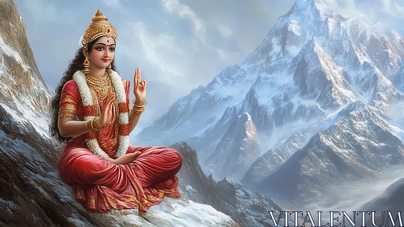 Seated female deity in red robes meditates on snowy mountains