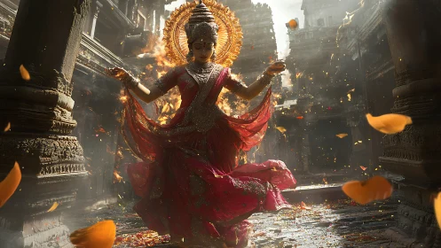 Goddess-like dancer moves through burning stone temple courtyard