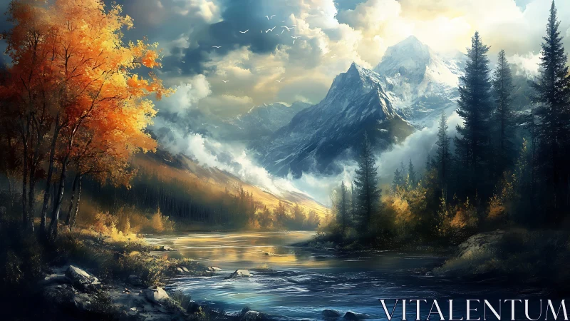 Mountain river cuts through autumn forest under bright clouds