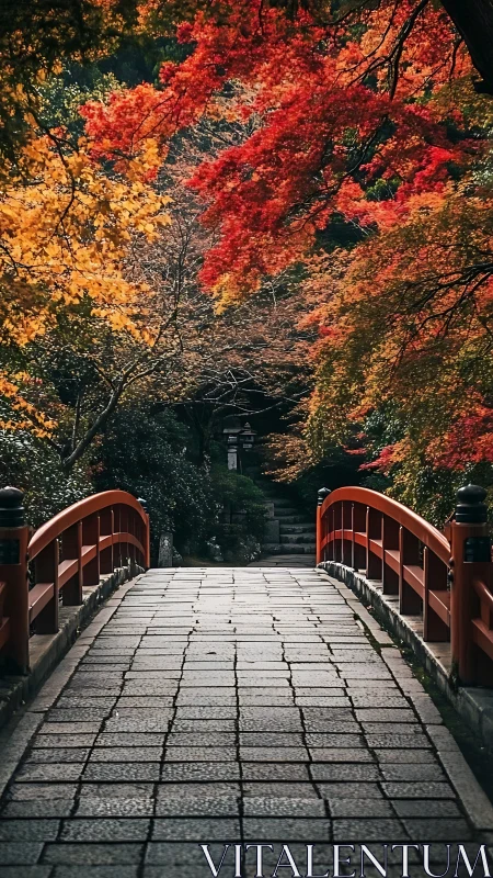 Stone path over red bridge under autumn maple canopy.
