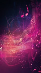 Abstract neon music notes on dark digital background.