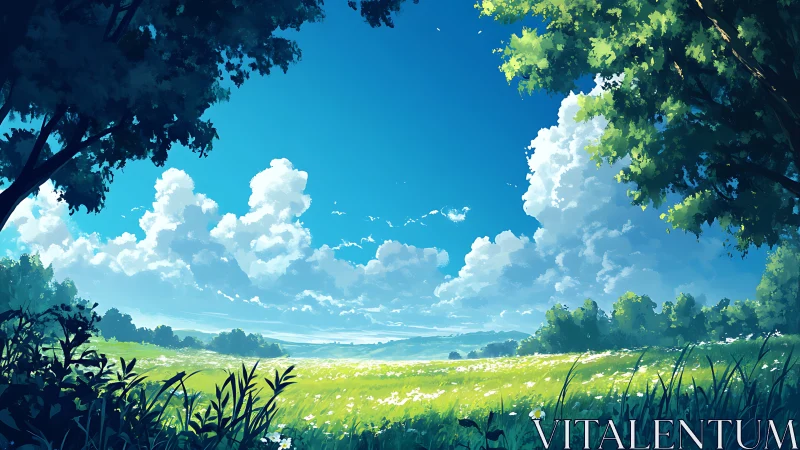 Summer meadow landscape with distant hills and clouds.