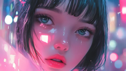 Neon lit close up of tearful girl in soft cyberpunk city