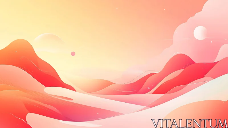 Digital painting of abstract pastel desert hills and suns.