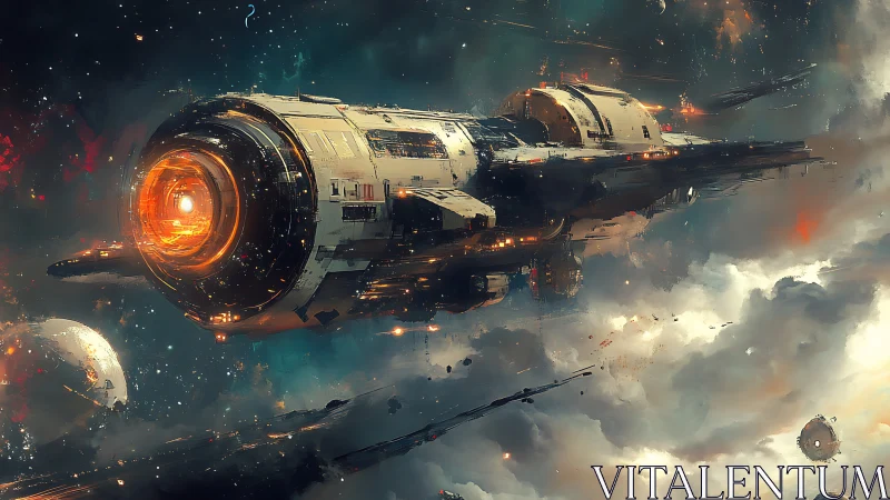 Massive starship crosses nebula clouds in cinematic deep space.