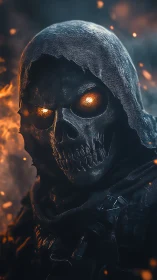 Hooded skeletal wraith with molten ember eyes in firelit haze