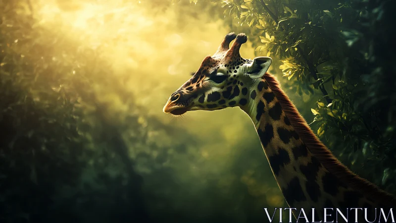 Giraffe pauses in glowing forest light and tranquil shadowed foliage.