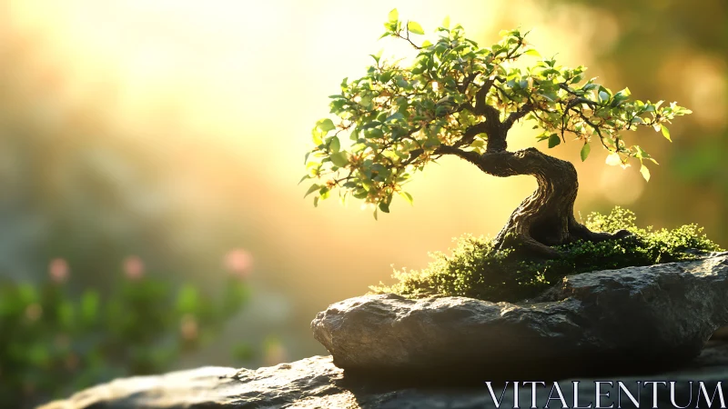 Sunlit bonsai tree crowns rugged stone with vivid greens.
