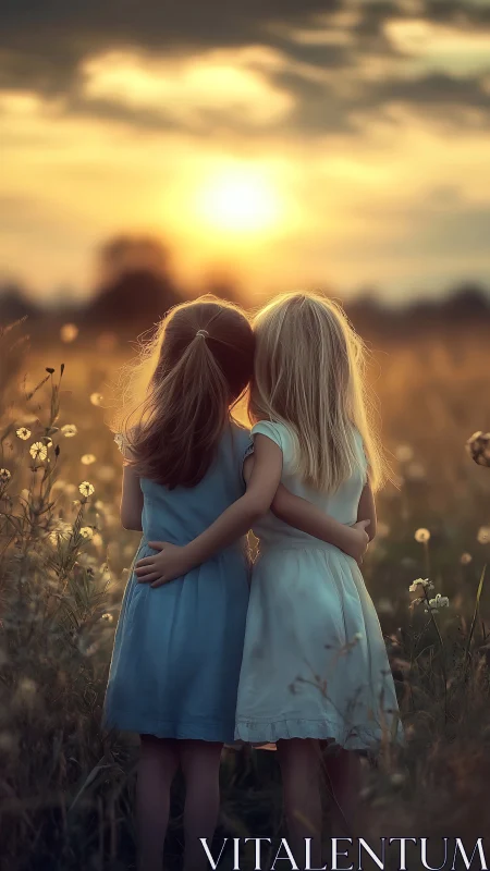 Golden Hour Silhouette: Two Girls in Wildflower Field.