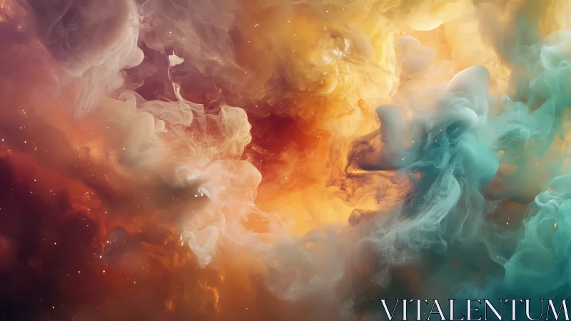 Cosmic nebula clouds swirl in fiery teal and amber light